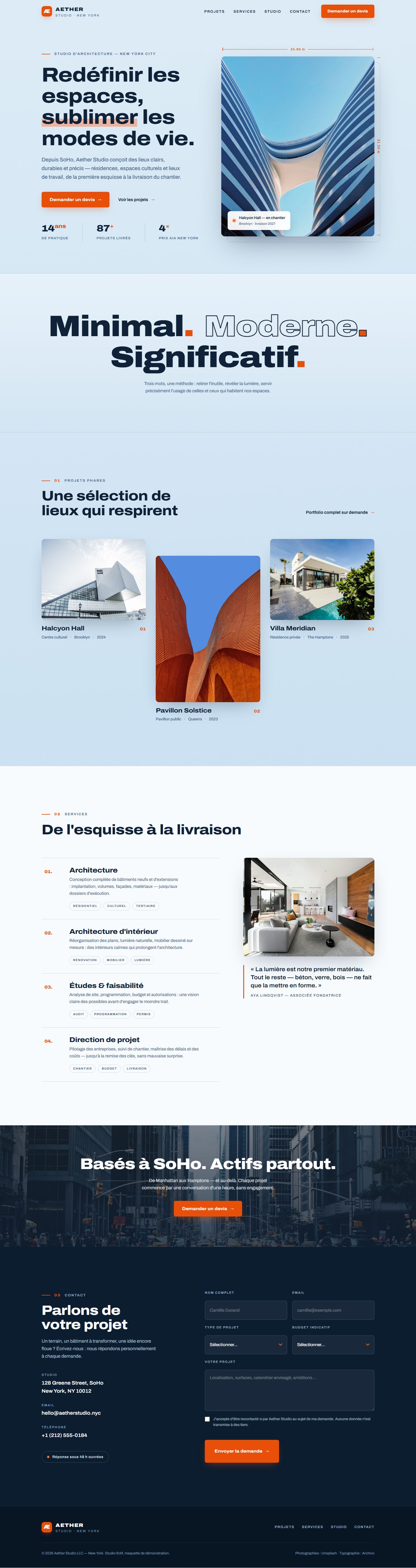 Page d'accueil du site Aether Studio — studio d'architecture new-yorkais, design bleu ciel et orange