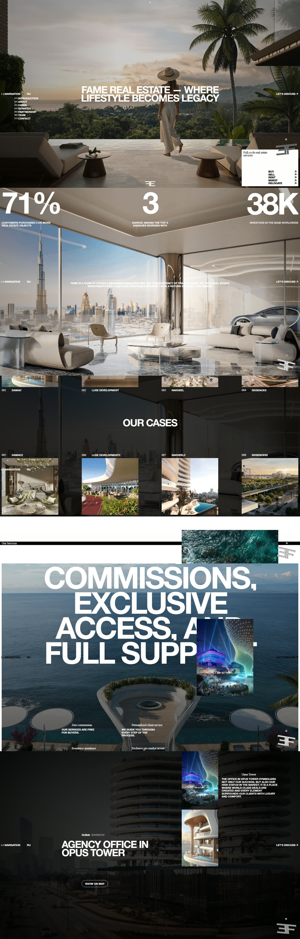 Le site de Fame Estate, agence immobilière de luxe à Dubaï — hero cinématique, penthouse face à Burj Khalifa, galeries de projets