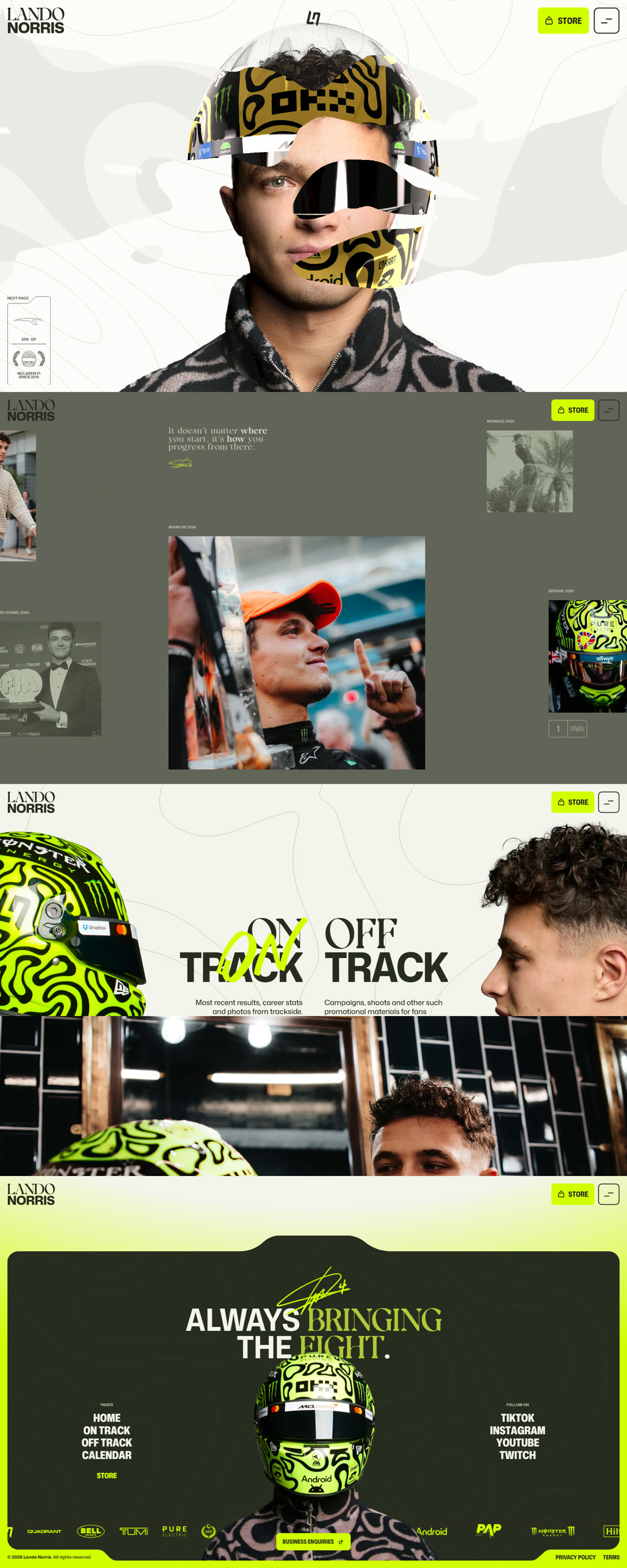 Le site officiel de Lando Norris — portrait au casque découpé en tranches, galeries photo, boutique, footer néon